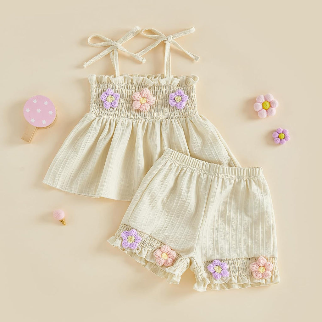 Baby Girl Summer Clothes 3D Floral Sleeveless Smocked Vest Tank Tops Ruffle Shorts Set Toddler Outfits For Girls