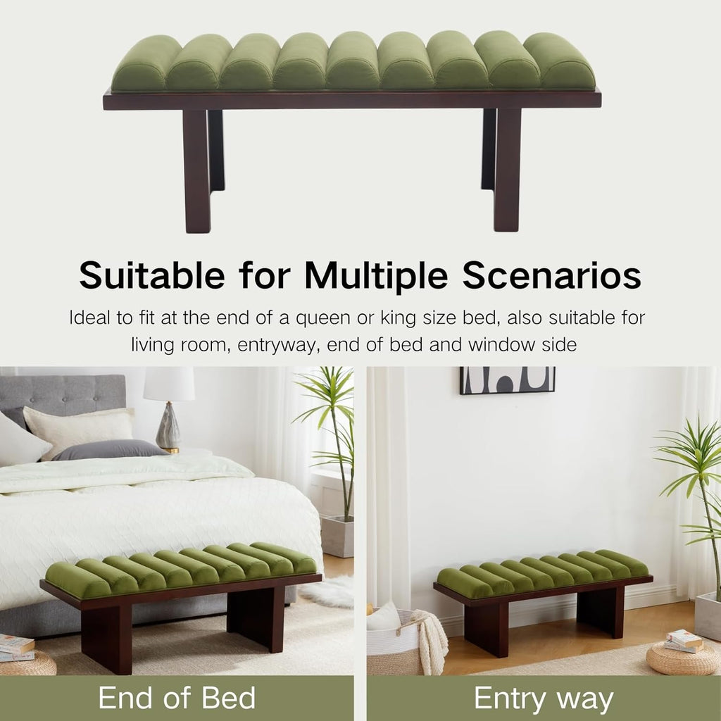 Green Velvet End of Bed Bench Upholstered Modern Ottoman Bench Comfy Padded Entryway Bench Seat with Thick