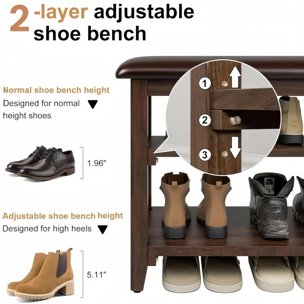 Wooden Shoe Storage Bench with Leather Cushion, Dark Brown, 39.4"