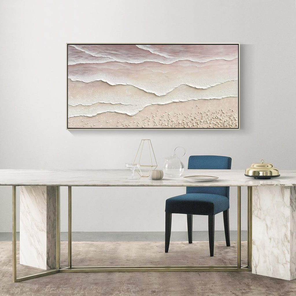 Beach Wave Textured Wall Art - Hand Painted Abstract Wall Painting Framed Artwork 60x30 Horizontal Canvas Extra Large