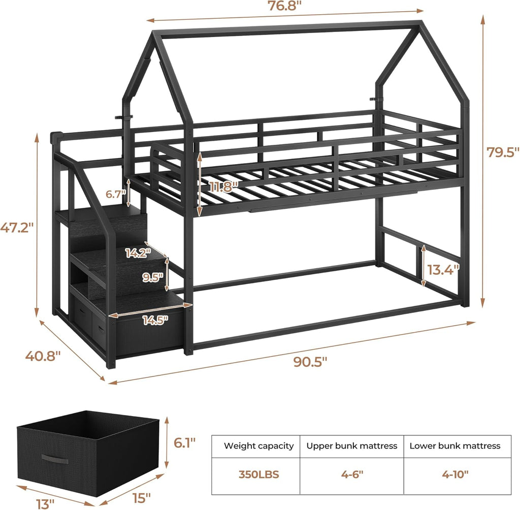 Metal Bunk Bed Twin Over Twin with Storage Staircase, Clothes Rack, LED Twin Bunk Beds for Kids with 2 Storage Drawers
