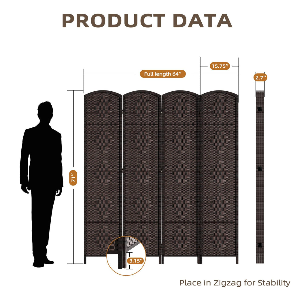 Room Divider Panel, 4 Panel Partition Room Dividers, Dark Mocha