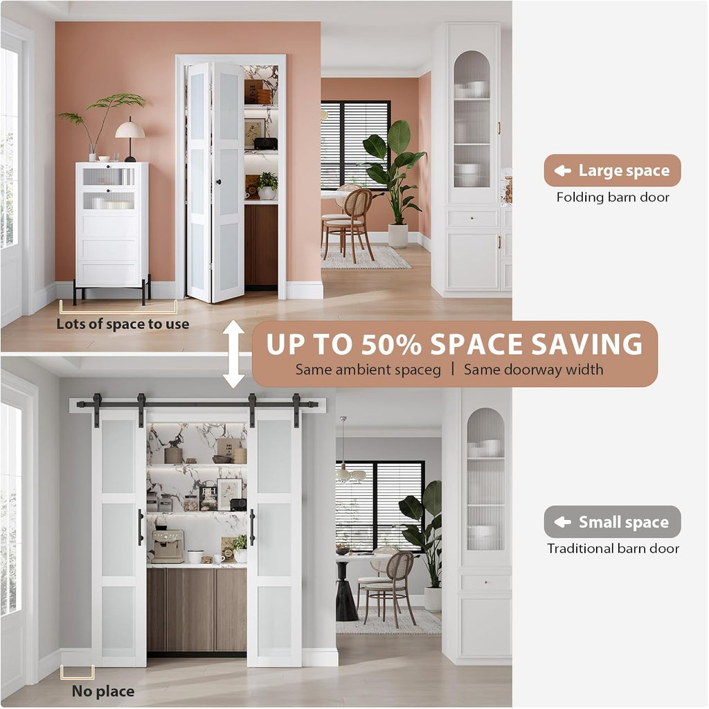 Preassembled Bi-Fold Doors, for 32"x 80" Opening,Tempered Frosted Glass Closet Folding Barn Door with Concealed
