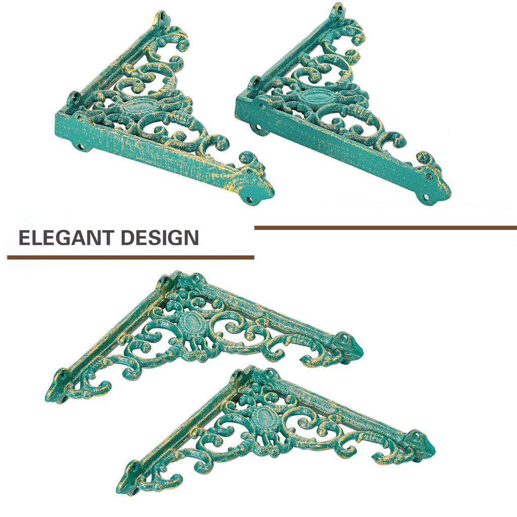Vintage Cast Iron Shelf Brackets - 2 Pack 7.7 Inch Rustic Green