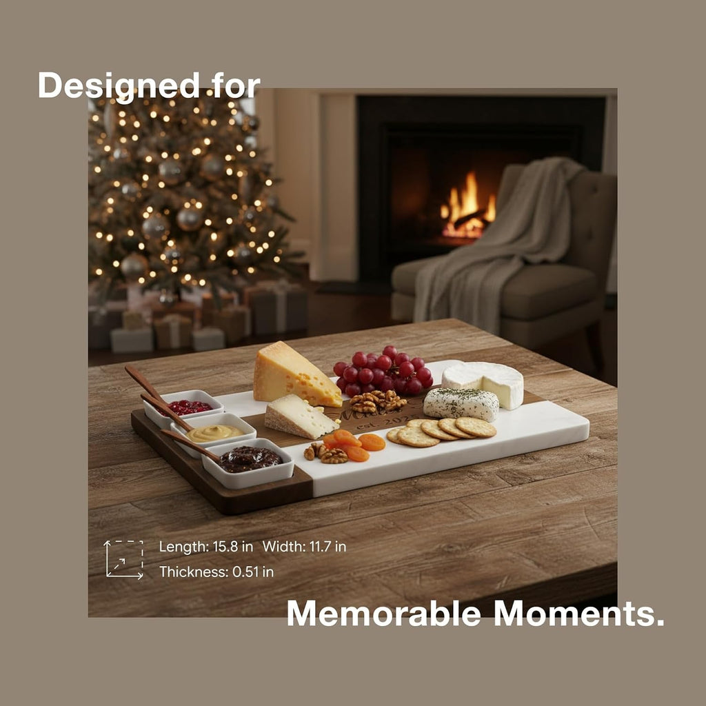 Personalized Charcuterie Board Set, Custom Engraved Marble Acacia Wood Cheese Board with Knife Set, Serving Board for