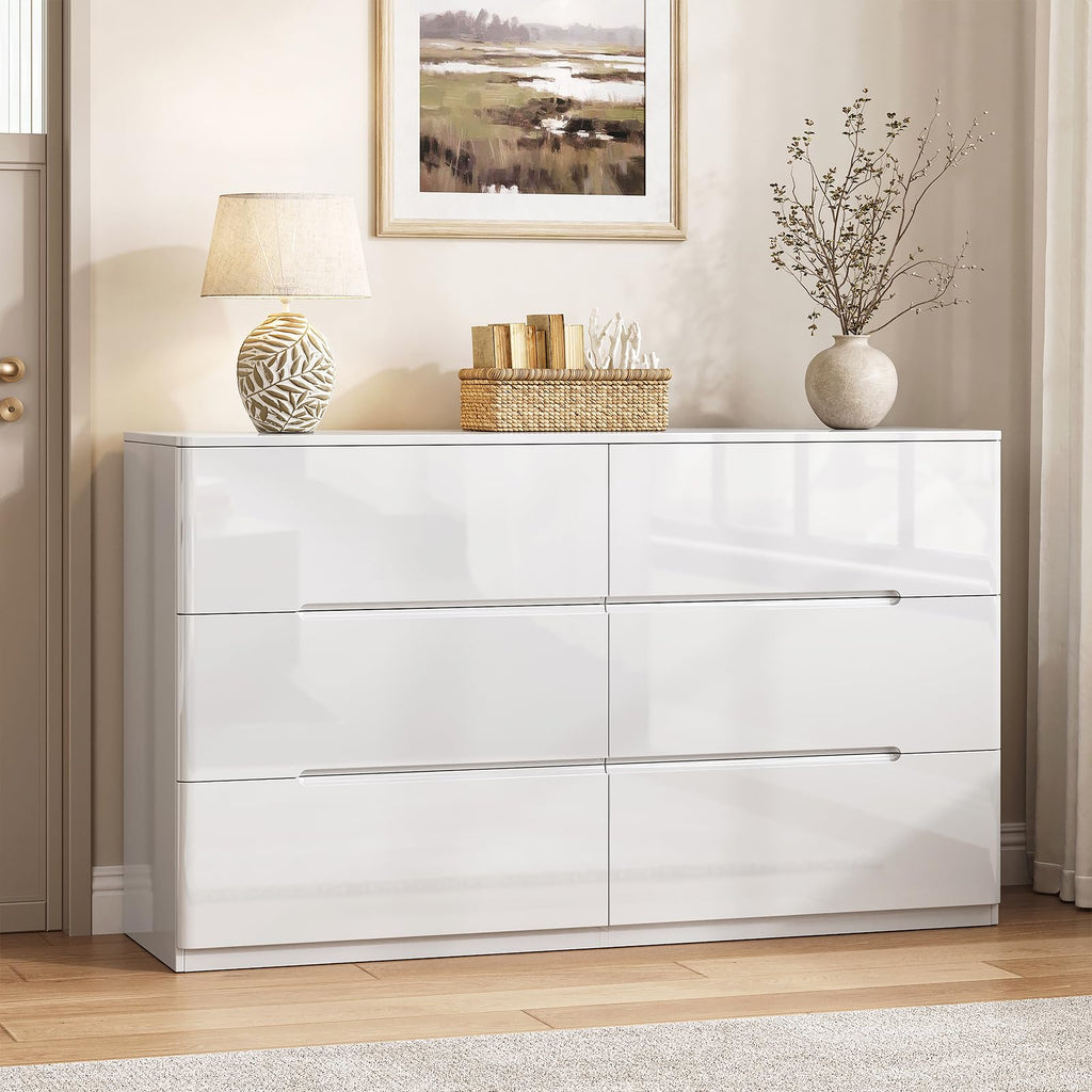 High Gloss Dresser, 47.2" Wide 6 Drawer Dresser, White