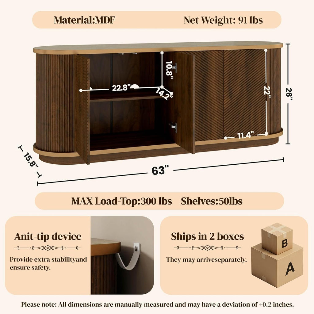 Sideboard Buffet Cabinet with Storage,Mid Century Modern Credenza,Walnut | Faux Marble Top,Diagonal Fluted