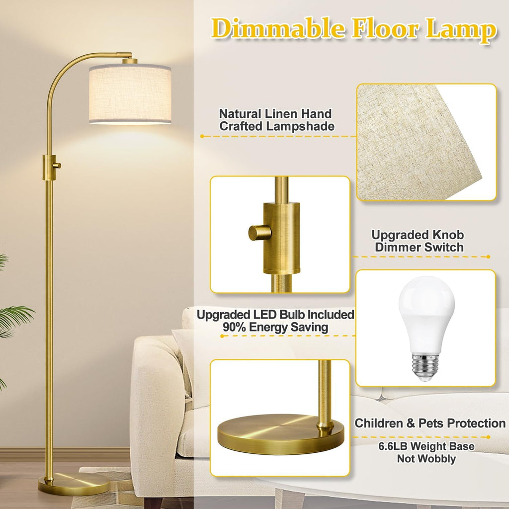 Upgraded Modern Arc Dimmable Tall Standing Floor Lamp with Linen Shade, 1200 Lumens LED Bulb Included, for Living &