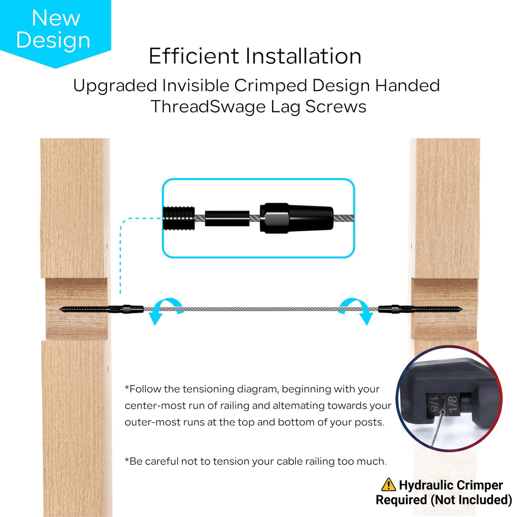 20 Pair Black Cable Railing Kit, Invisible Crimp Fitting Hardware, Right & Left Handed Thread Swage Lag Screws for