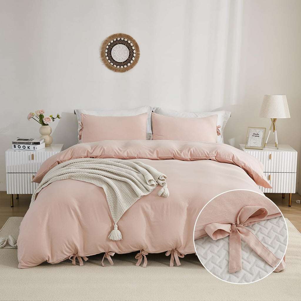 Pink Duvet Cover Queen (90x90 Inch), 3 Pieces (1 Duvet Cover, 2 Pillowcases) Soft Washed Microfiber Bowknot Bow Tie