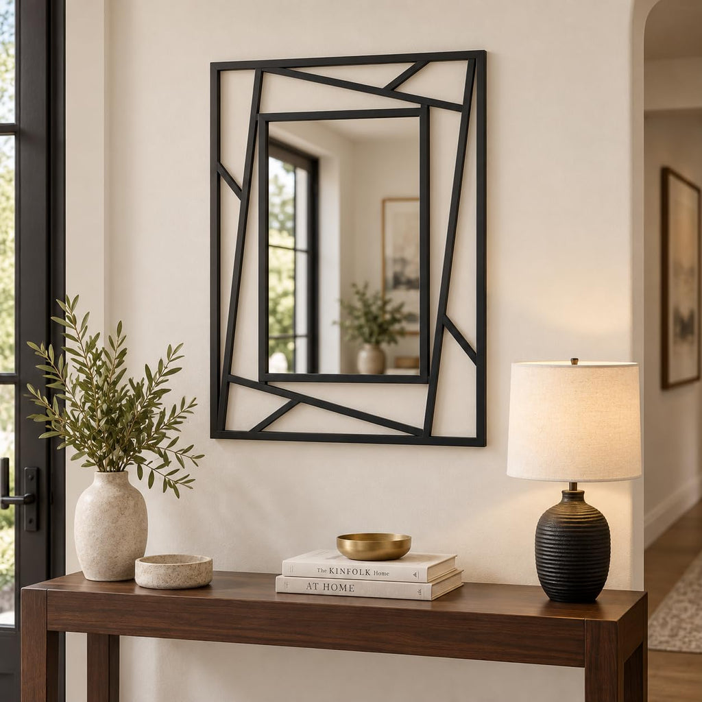 Rectangular Wall Mirror, 28''X20'' Matte Black Metal Framed Farmhouse Bathroom Mirrors Entryway Living Room, Hang