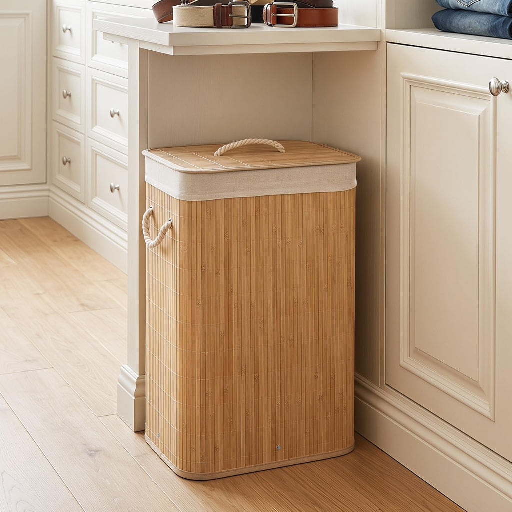 Bamboo Laundry Hamper with Lid, Removable Liner & Portable Handles