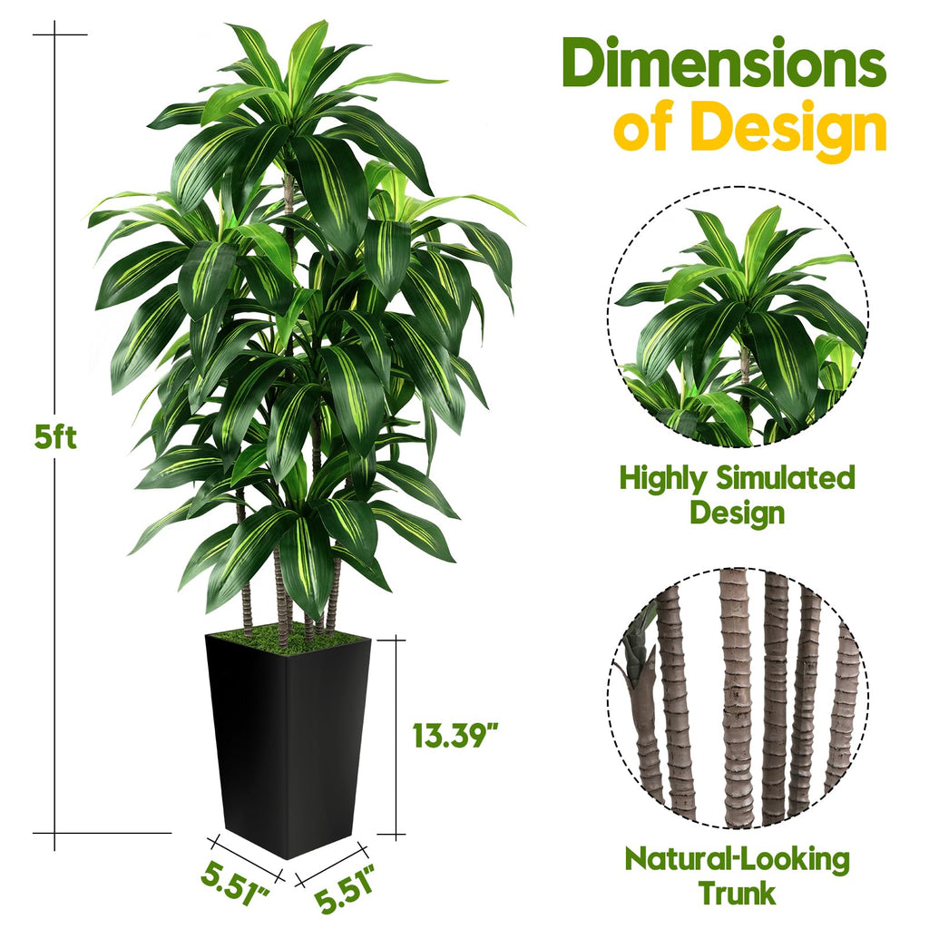 Dracaena Tree Indoor, 5FT Tall Fake Tree with Black Tall Planter
