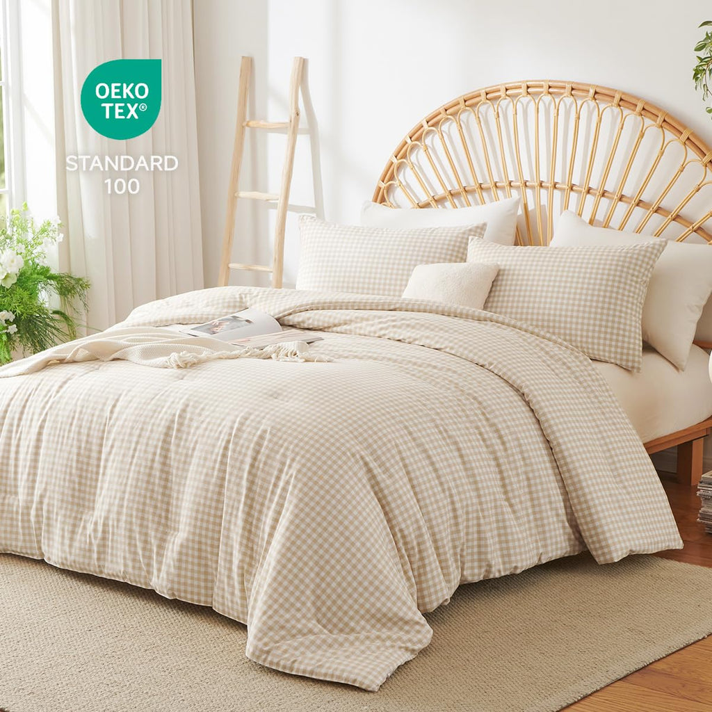 Gingham Comforter Set Beige Bedding Set and 2 Pillowcases