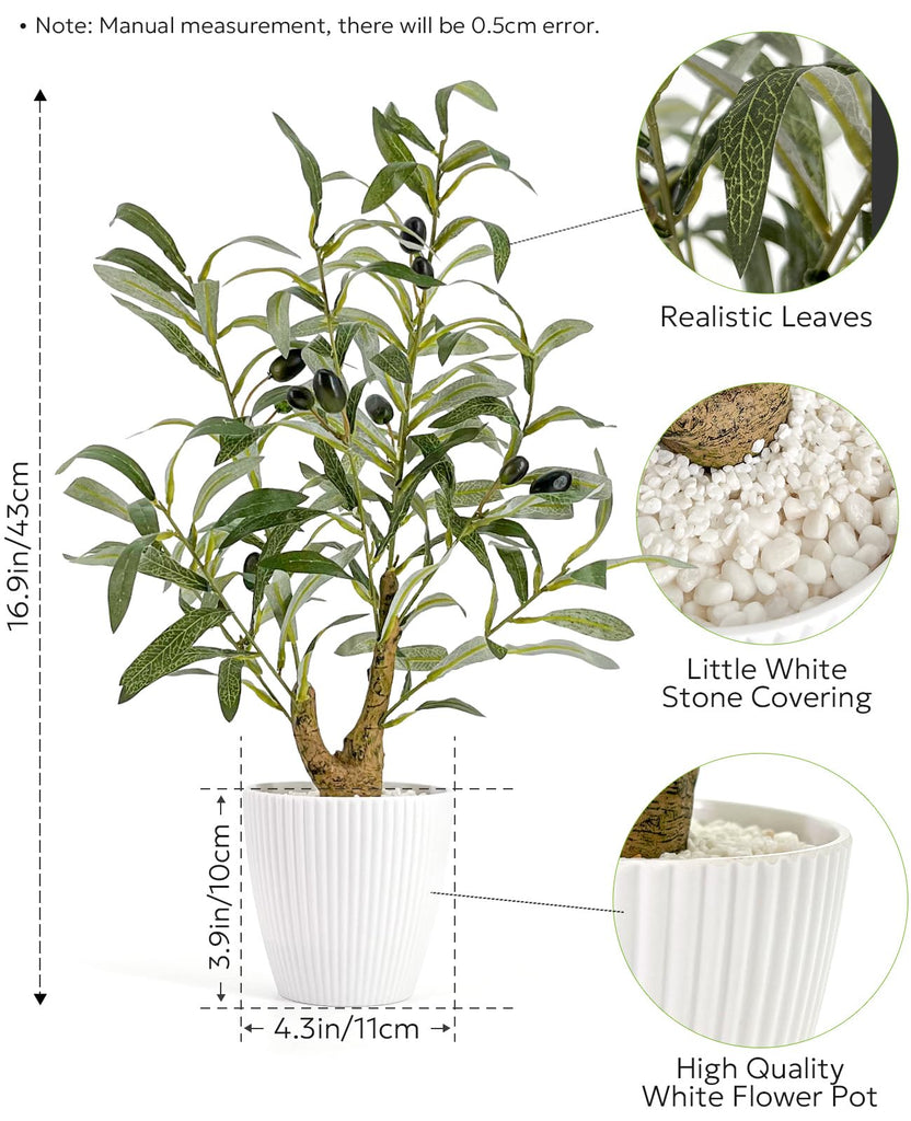 Faux Olive Tree, 16.9 Inches Small Fake Olive Trees with White Pot, Realistic Fake Tree Potted Plant and Lifelike