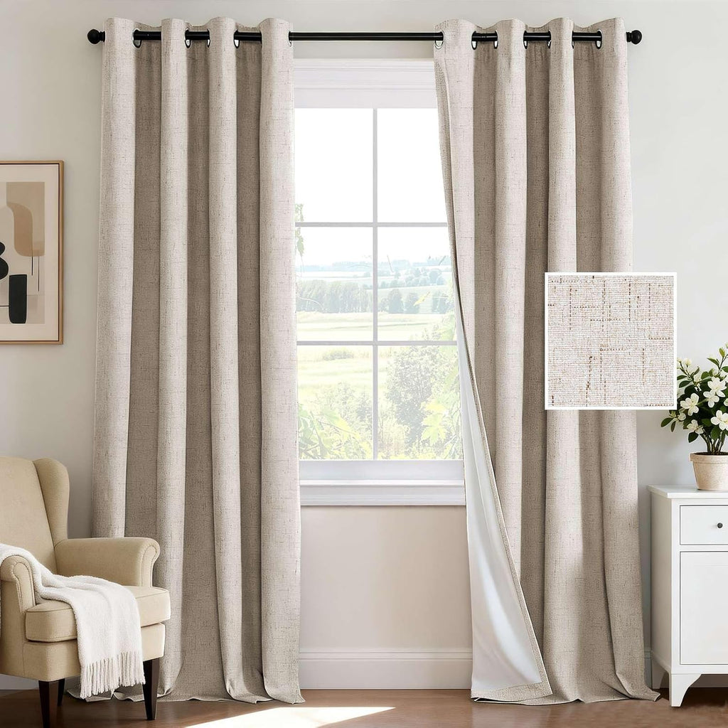 100% Blackout Curtains for Bedroom 84 Inches Long Grommet Linen Face Full Light Blocking Curtain Drapes for Living