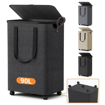 Basket with 5 Wheels, Rolling Laundry Hamper, 90L, Deep Gray