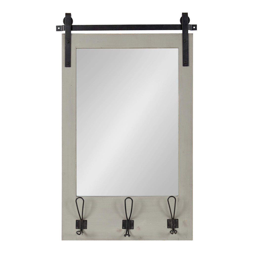 Cates Rustic Wall Mirror with Hooks, 18 x 28, Graywash, Farmhouse Wall Decor with Function