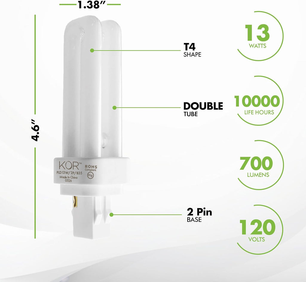 13W Double Tube CFL Light Bulbs, GX23-2 2-Pin Base, 3500K