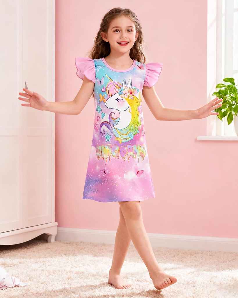 2Pcs Girls Nightgowns Flutter Short Sleeves Dress Nightdress Sleepwear Pajamas Nightgowns for Girls