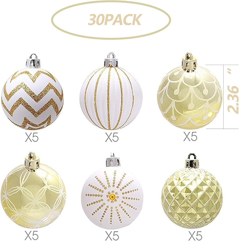 Christmas Balls Ornaments,60MM Gold&White Painted Shatterproof Festive Wedding Hanging Ornaments Christmas Tree - Set of 30