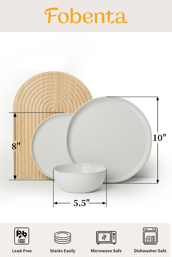 Minimalist Dinnerware Set, 24 Piece Fog White Plates and Bowls Set for 8 - Sculpted Ceramic Dish Sets for Gatherings