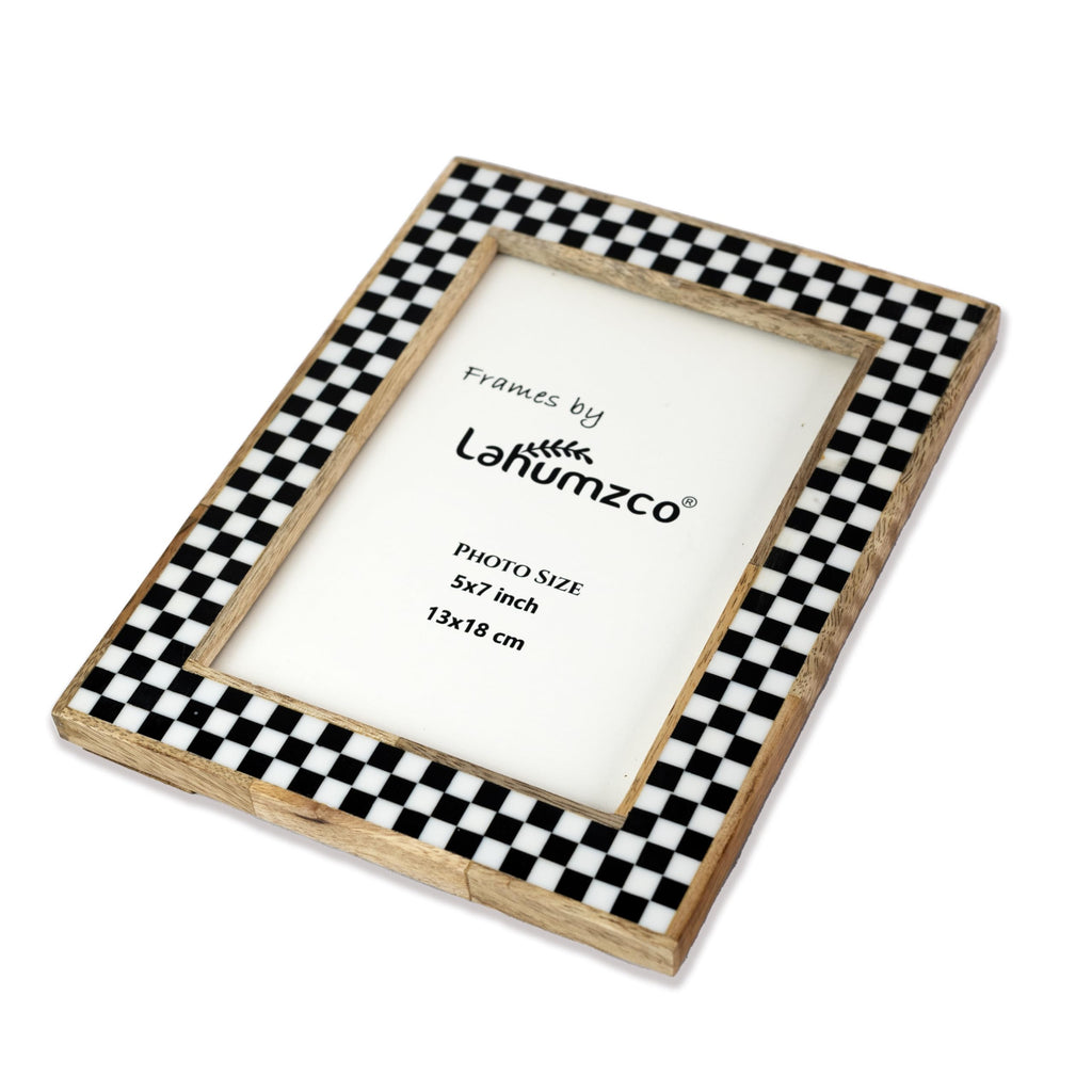 5x7 Handmade Photo Frame - Black & White Checkered Wood Pattern, Vintage Rustic Style, Tabletop/Wall Decor