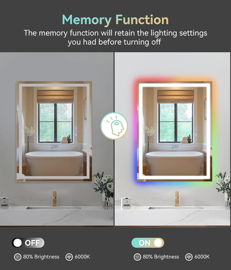 28" x 20" LED Vanity Mirror with RGB Backlight and Front Light, Anti-Fog Color-Changing Bathroom Mirror