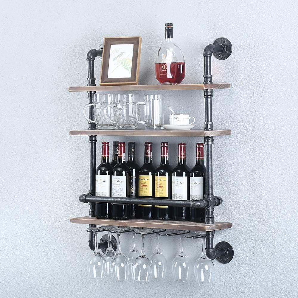 Floating Bar Shelves,Wine Rack Wall Mounted,Wine Glass Holder Wood Shelf | Industrial Pipe,Solid Pine Wood,Easy to