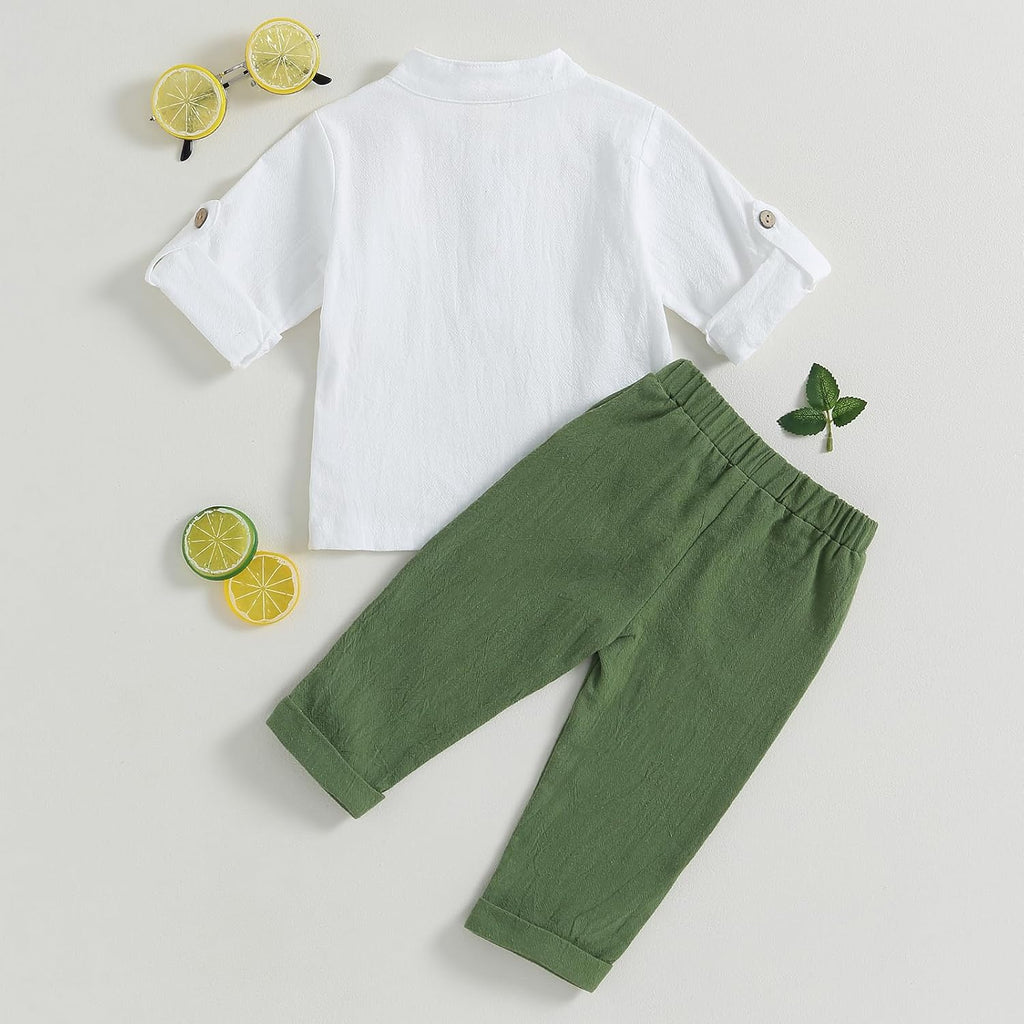 Toddler Baby Boy Clothes Cotton Linen Henley Shirts Button Down Long Sleeve Shirts Casual Pants Set