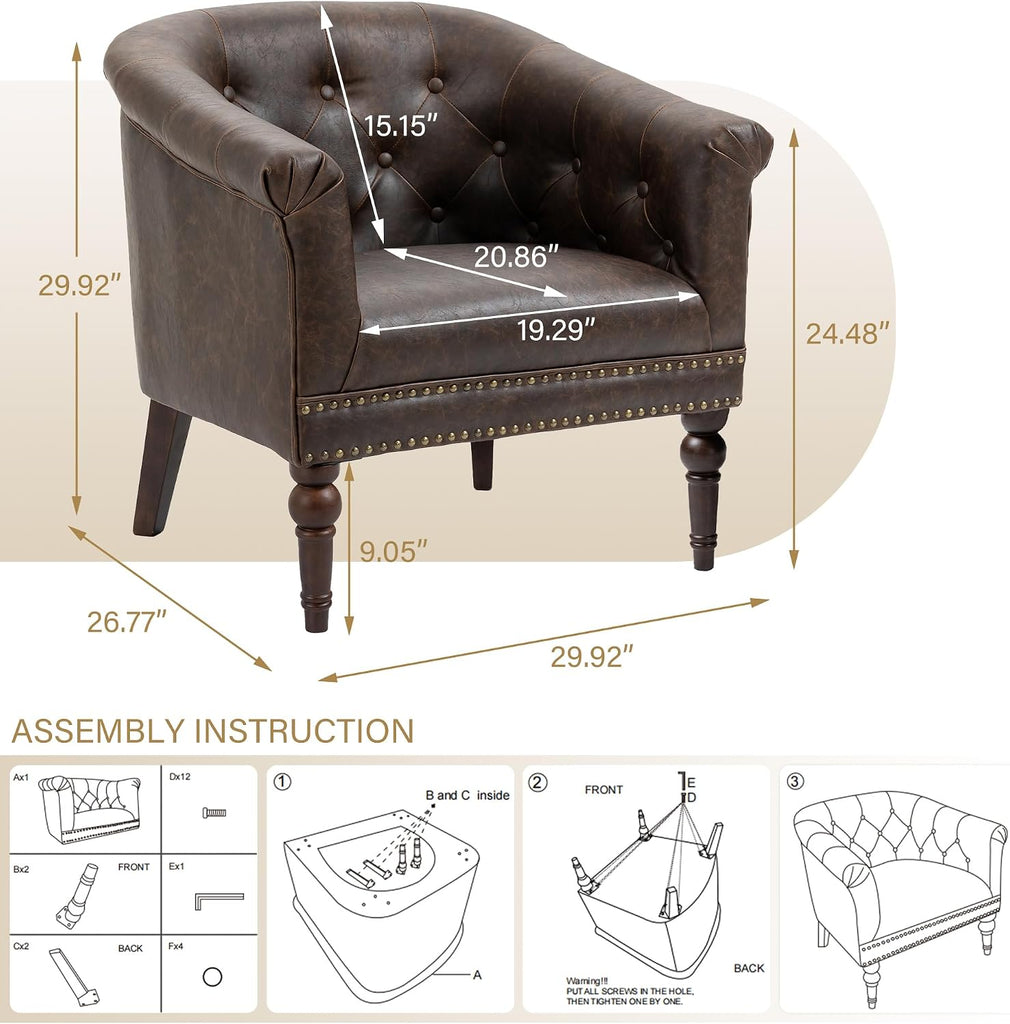 Faux Leather Barrel Accent Chair, Comfy Club Armchair with Solid Wood Legs, Upholstered Single Sofa Chair