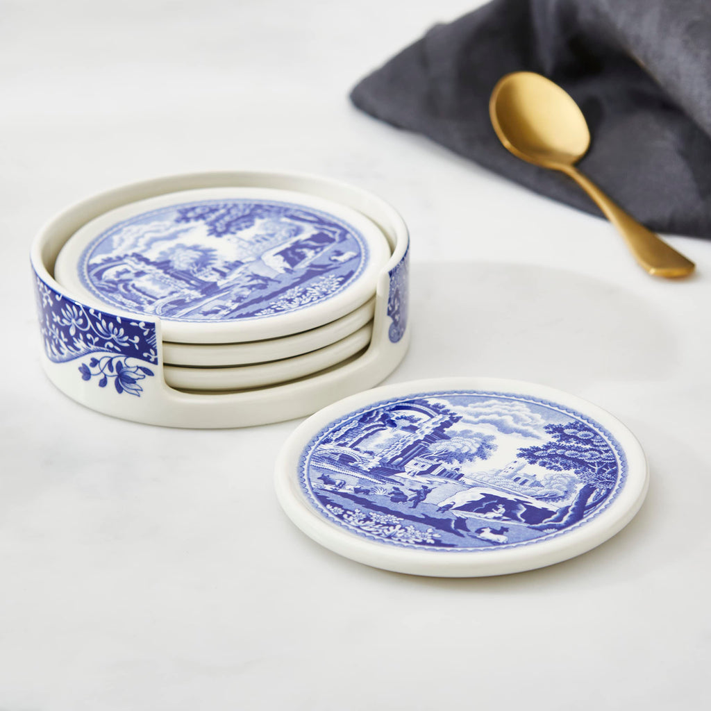 Blue Italian Ceramic Coaster Set, 4 Piece, with Holder