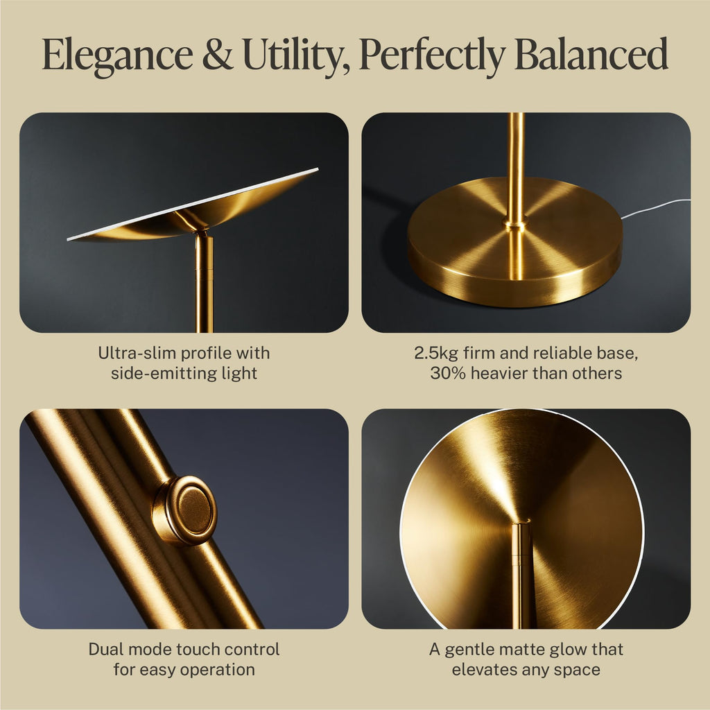 LED Torchiere Floor Lamp - 71" Tall Modern Torchiere Lamp in Golden Brass, Stepless Dimming, Remote & Touch