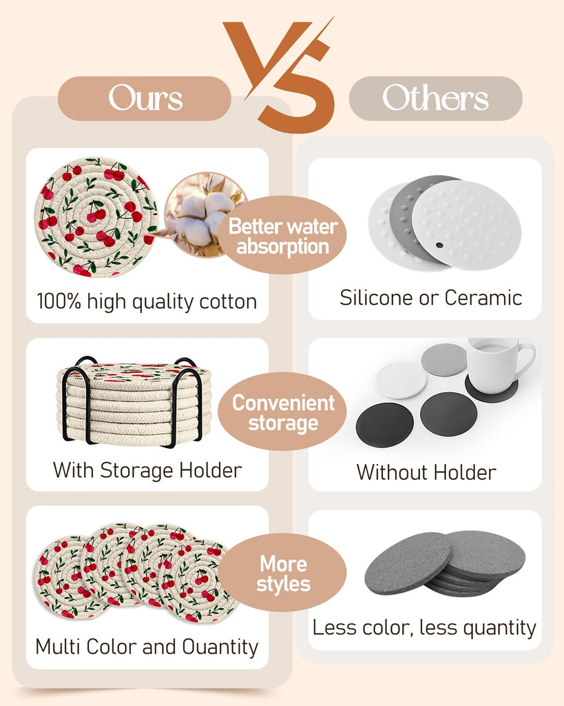 Absorbent Cup Coasters Set of 6 with Holder, Cherry