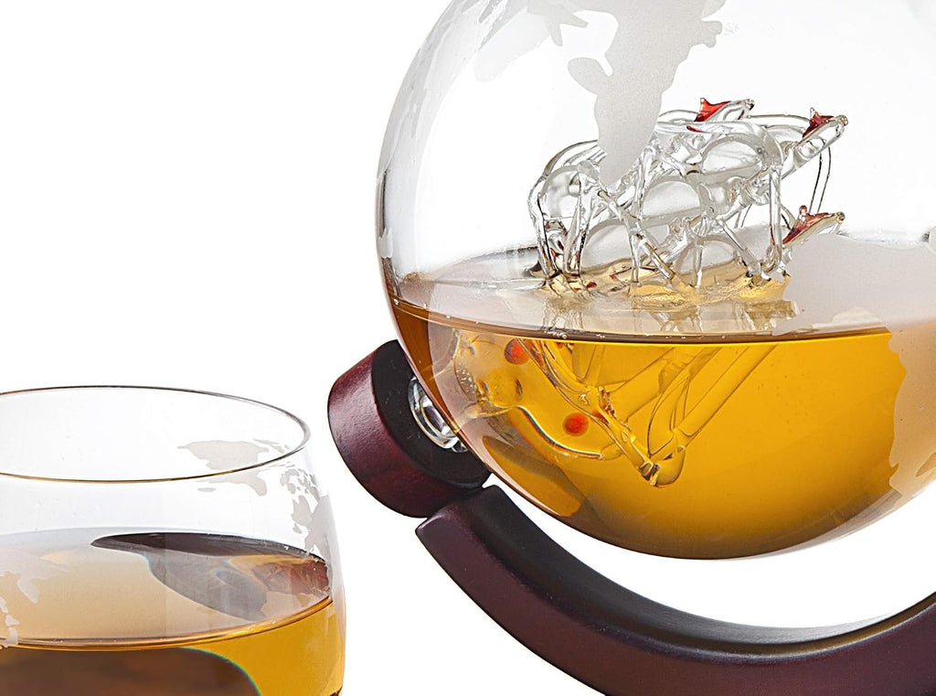 Whiskey Decanter Globe Set with 4 Etched Glasses for Liquor, Scotch, Bourbon, Vodka, Gifts for Men - 850ml Clear - Set of 5