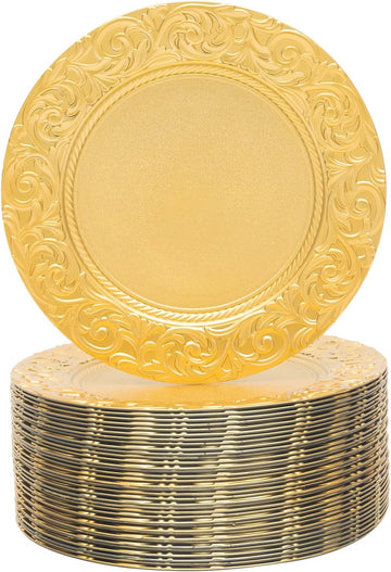 Gold Charger Plates Bulk, 13 Inch Round Charger Plate Set, Plastic Embossed Dinner Chargers Floral Plates - Set of 100