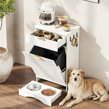Dog Food Storage Cabinet, Pet Feeding Station with 2 Hidden Bowls, White