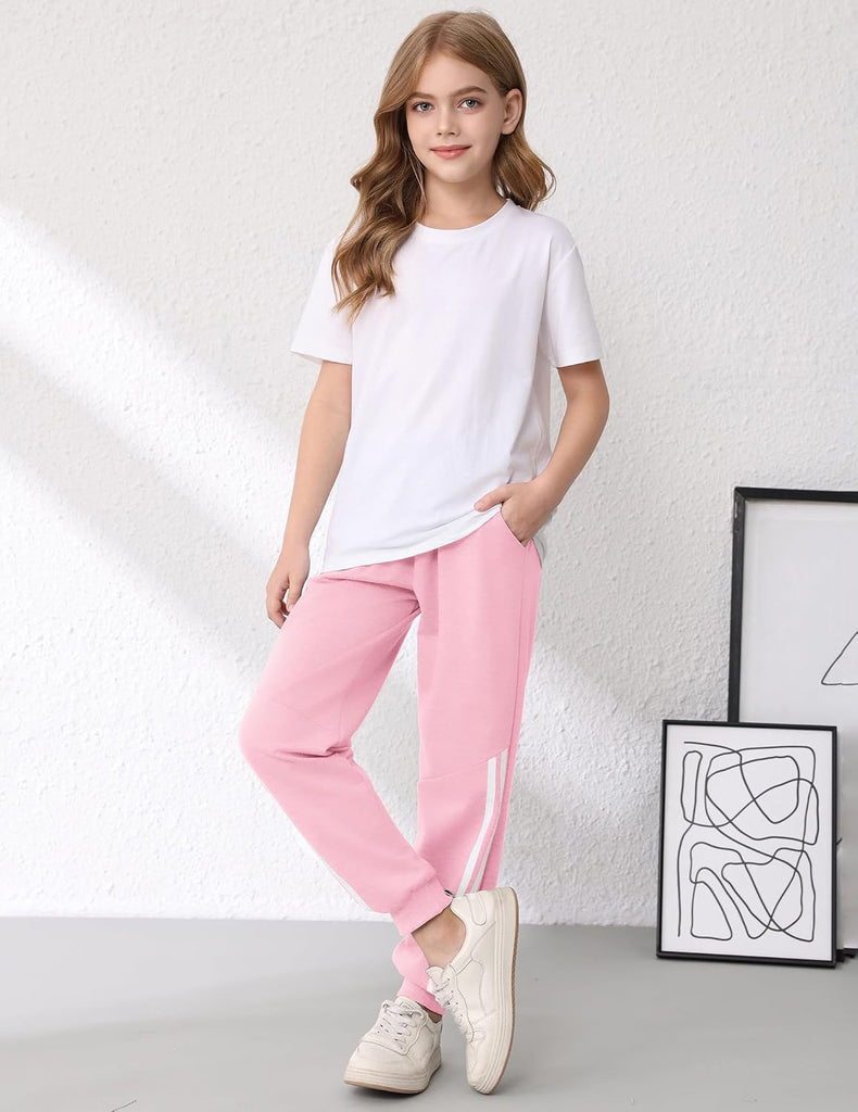 Girls' 3 Pack Cotton Sweatpants Elastic Waisted Joggers Athletic Pants with Pockets for Kids
