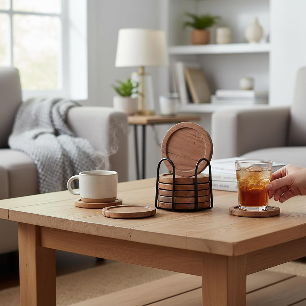 Acacia Wood Round Coasters with Holder - Absorbent Drink Coasters for Coffee & Dining Tables, Farmhouse Home - Set of 6