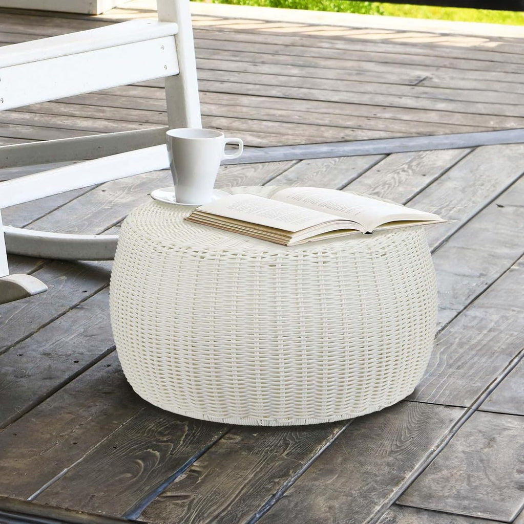 Round Handwoven Resin Storage Stool Ottoman, White
