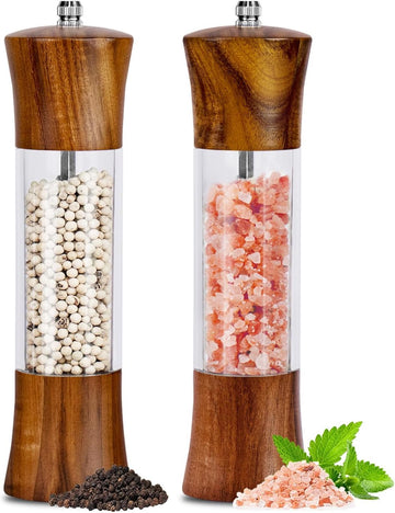 Acacia Wood Premium Acrylic Salt and Pepper Grinder Set 8 Inches - Set of 2