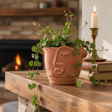 5.9 Inch Terracotta Abstract Face Planter with Drainage & Saucer - Artistic Ceramic Flower Pot for Indoor Plants