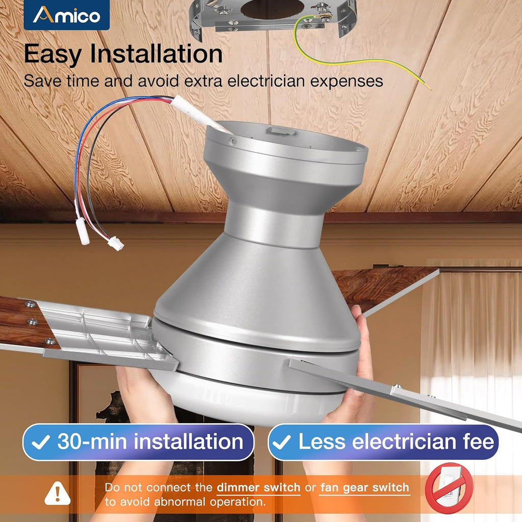 Ceiling Fans with Lights, 52 inch Low Profile Ceiling Fan with Light and Remote Control, Flush Mount, Reversible, 3CCT, Dimmable, Noiseless, Silver Ceiling Fan for Bedroom, Indoor/Outdoor Use A102-B0D87BJZ37