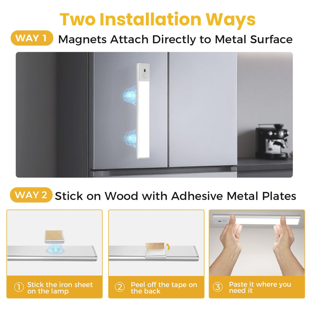 Rechargeable Under Cabinet Lights, 9 Inch Motion Sensor LED Light Bars with Hand Wave Control, 3 Color Temps &