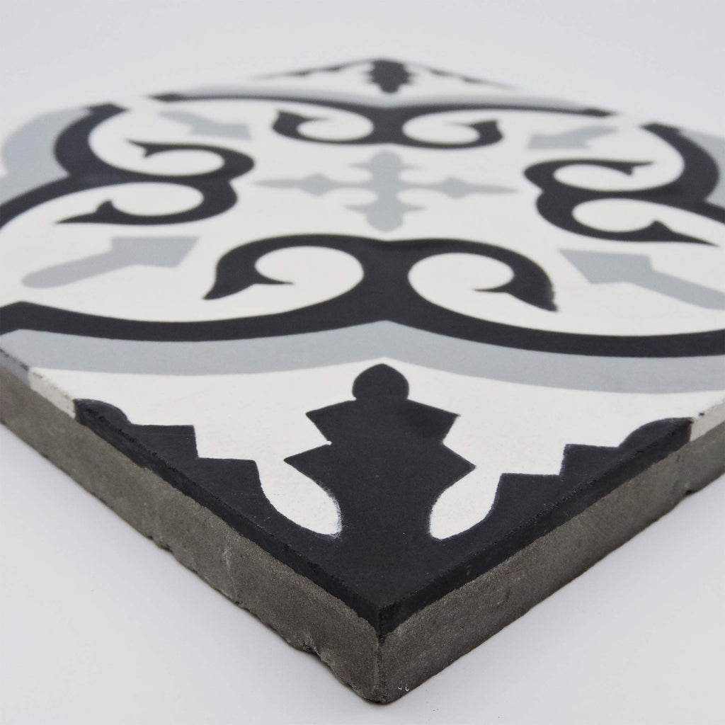 Argana Handmade Cement Tile in Black, Grey, White, 8"x8