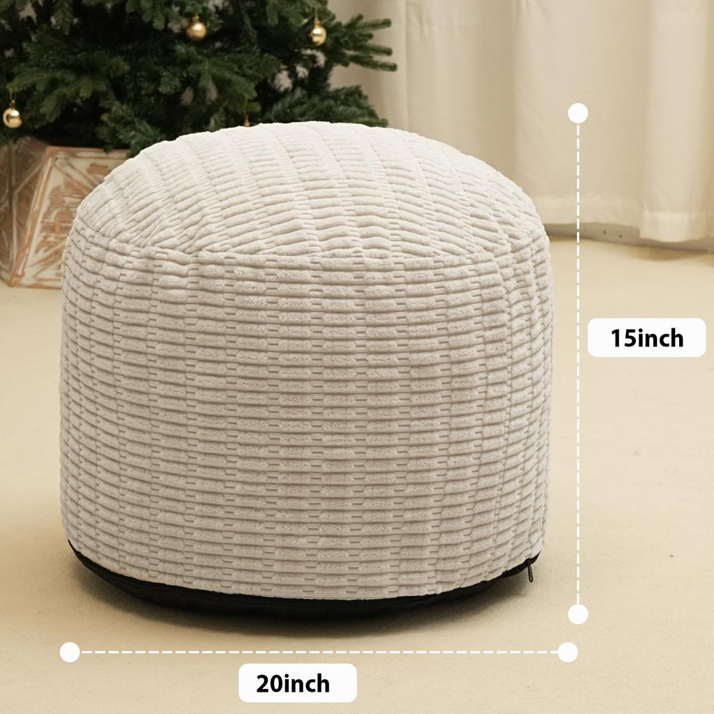 Round Stuffed Pouf Ottoman for Foot Rest 20" X 15" Faux Fur Poufs, Beige