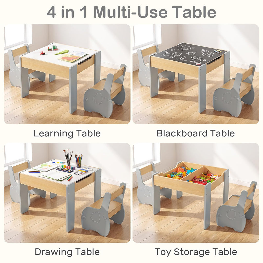 3 in 1 Kids Table and Chair Set, Wood Multi Activity Table with Removable Tabletop Storage, Detachable Blackboard for