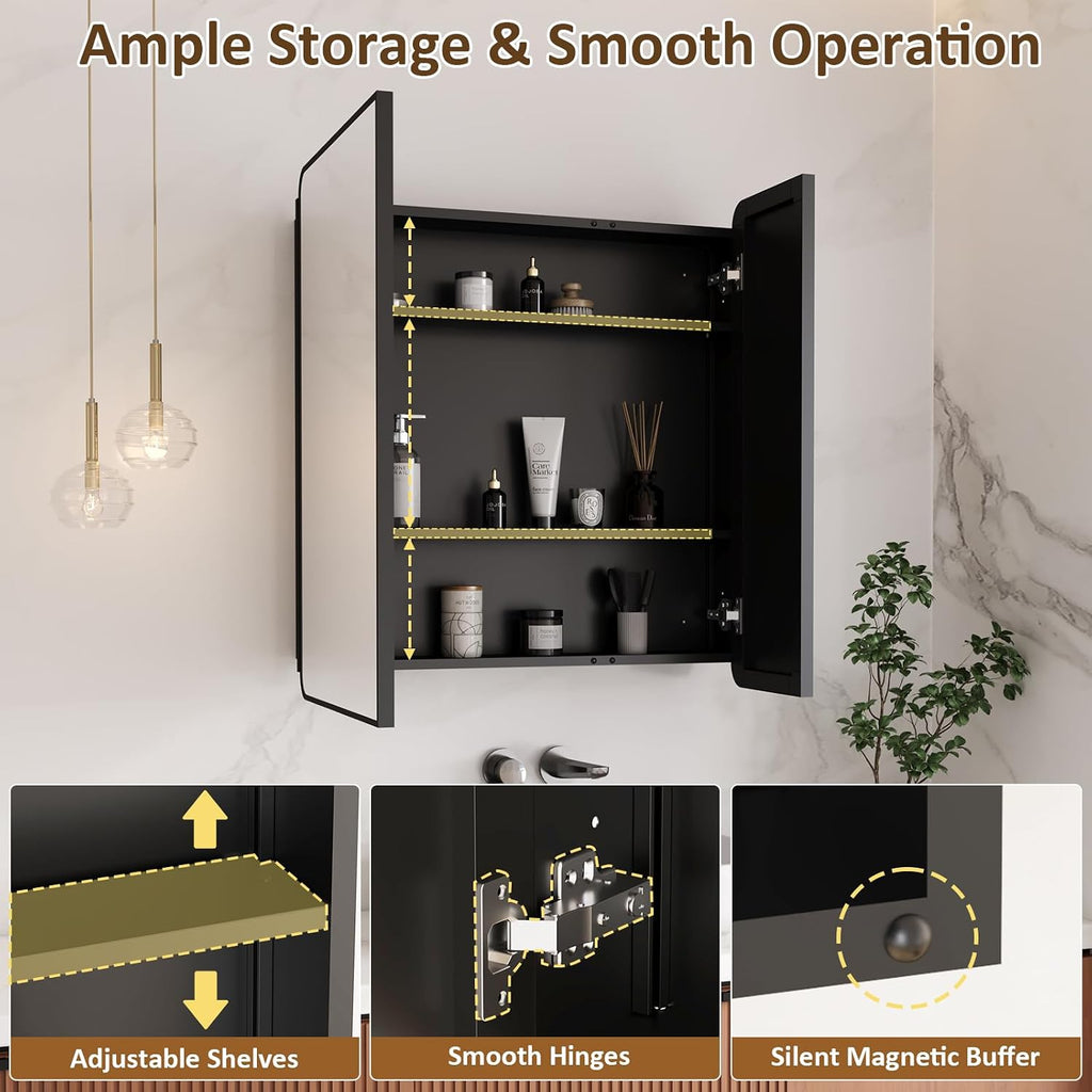 Medicine Cabinet Mirror 30x32 Inch, Black Bathroom Mirror Cabinet with Stepless Adjustable Shelves, Double Doors
