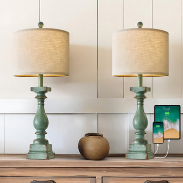 27" Farmhouse Table Lamp Set of 2 with USB A+C Living Room Vintage Rustic Traditional Nightstand Bedside Lamps Retro