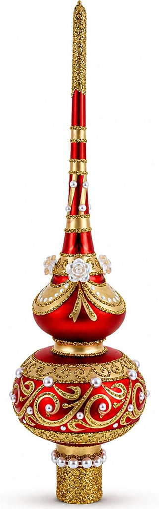 Dimensional Roses Pearls Golden Scroll Mouth Blown Glass Tree Topper